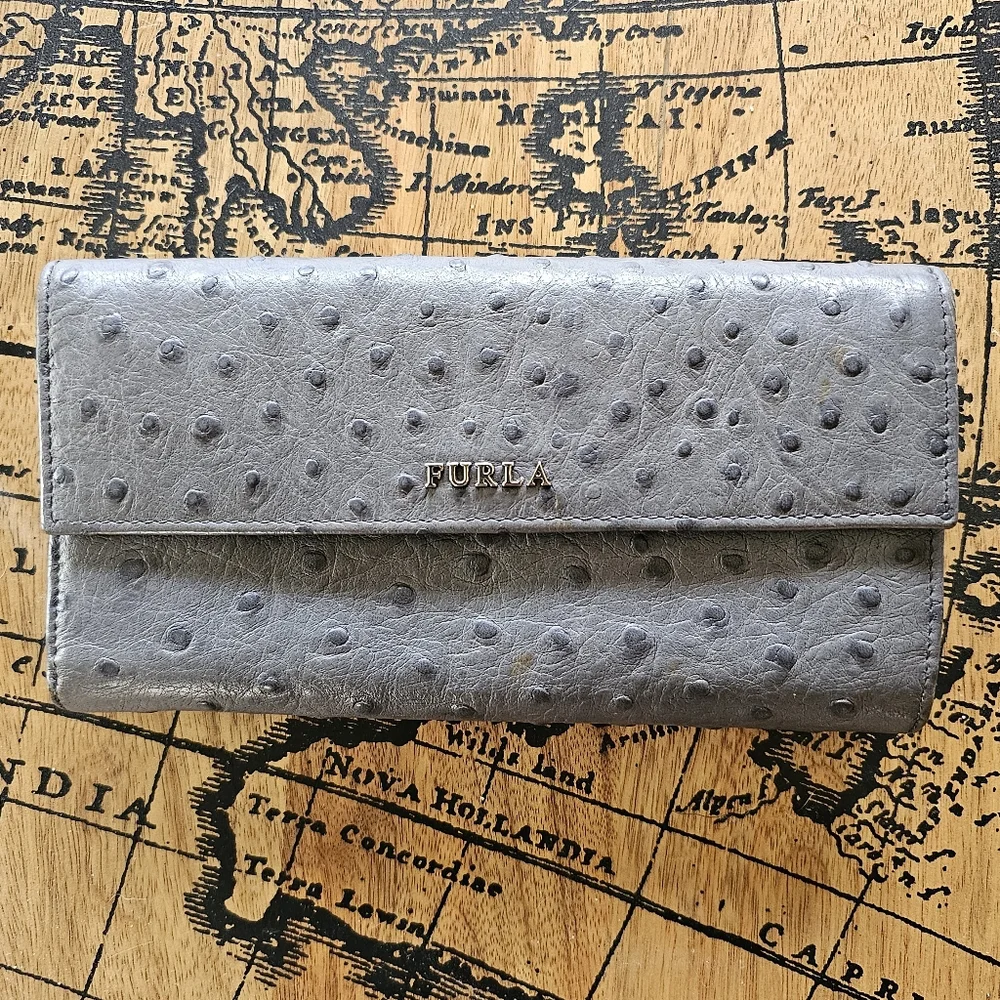 Furla Gray Ostrich Embossed Continental Quiet‎ Luxury Wallet